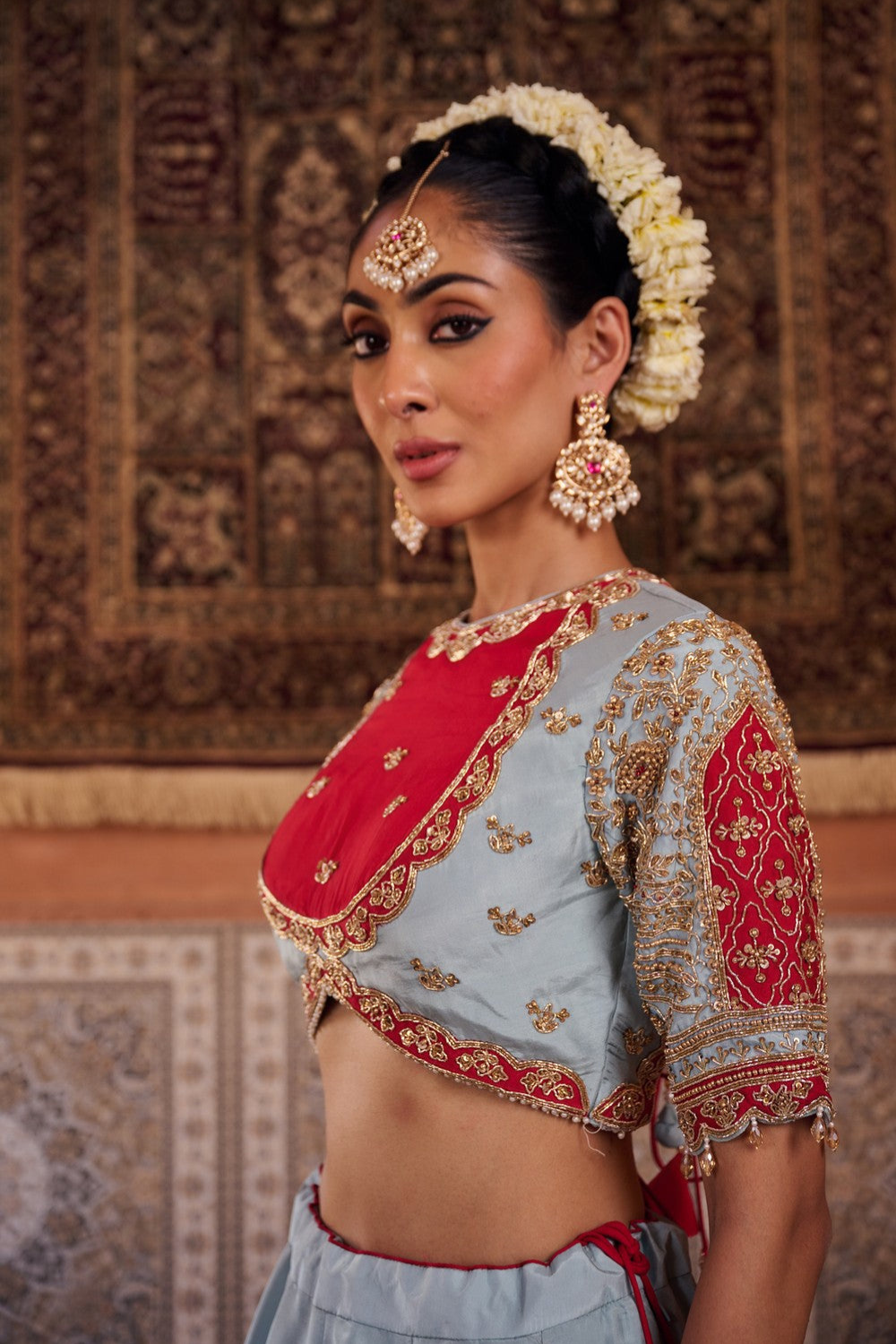 Powder blue and fuchsia silk blouse, lehenga and organza dupatta