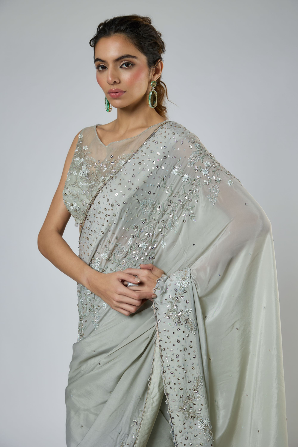DUSTY GREEN HEAVY INTRICATE FLORAL EMBROIDERED SAREE SET