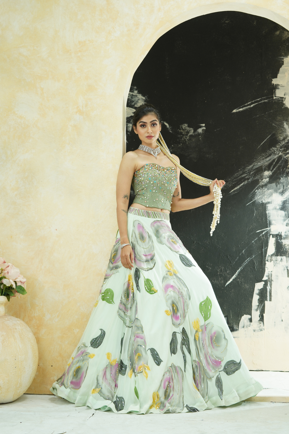 Mint Green hand painted lehenga and Green corset set