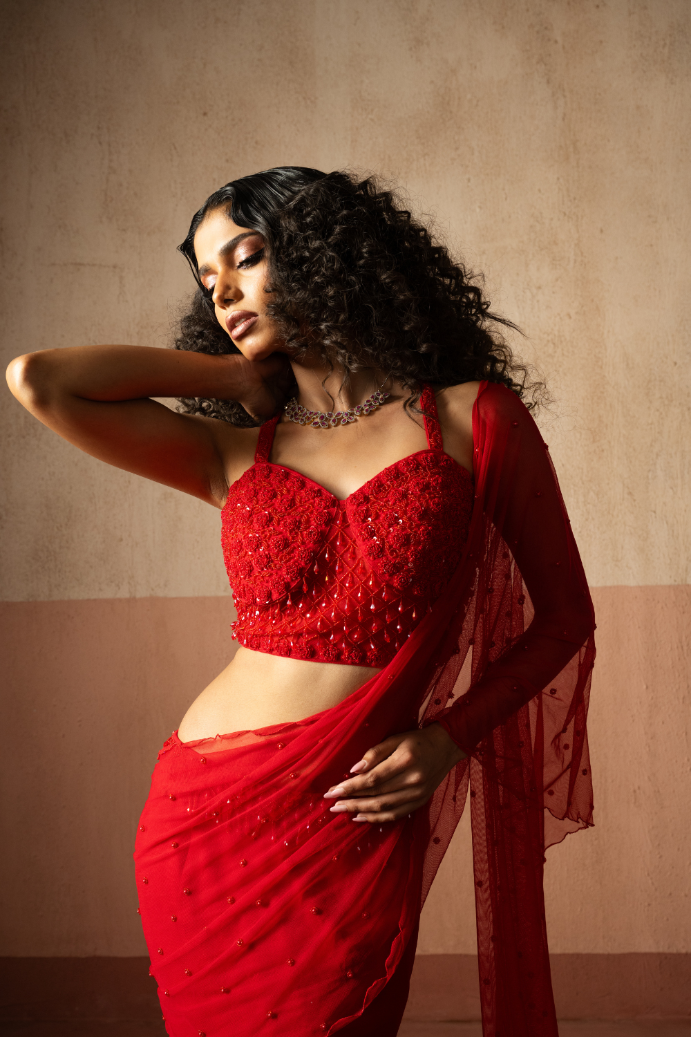 Fishtail style , red & fuschia pink coloured, hand embroidered , net &georgette fishtail saree, concept saree