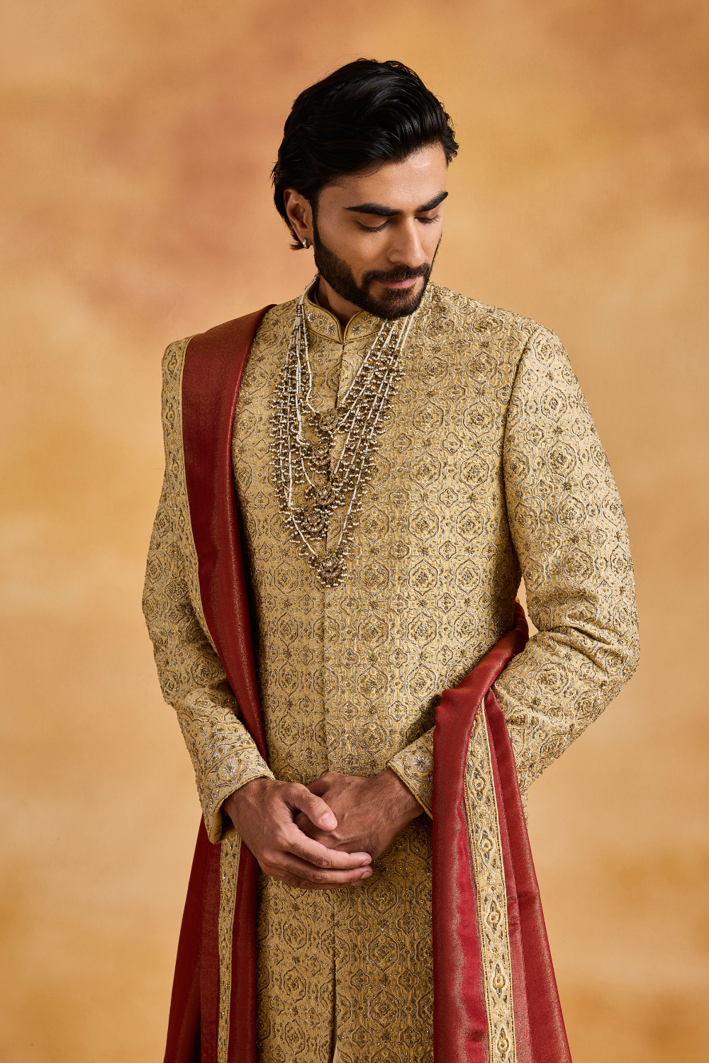 Gold Raw Silk Sherwani with Choga and Churidar