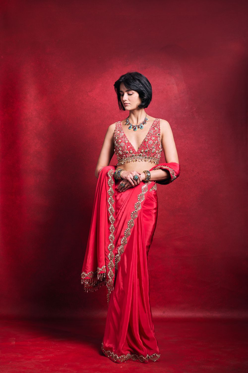 FUSCIA PINK CREPE SAREE