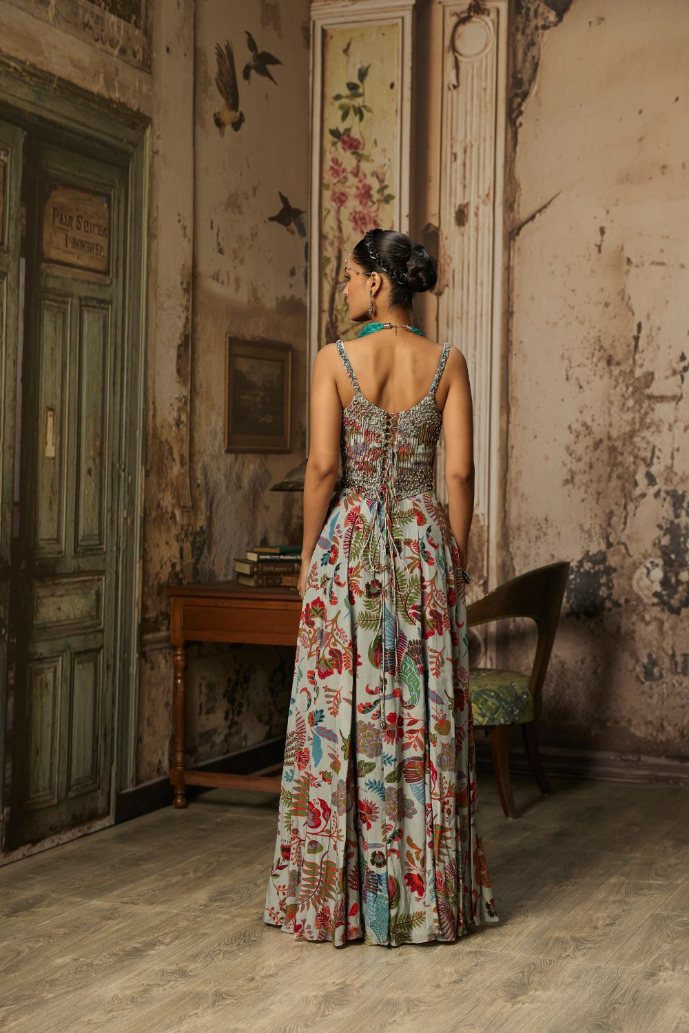 SLATE GREY PRINTED AND HIGHLIGHTED CORSET GOWN