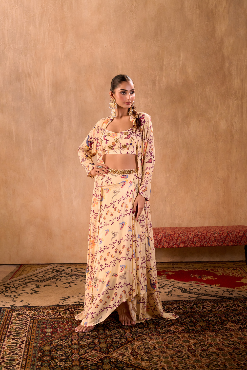 IVORY PRINT EMBROIDERED CHOLI, DRAPED SKIRT AND JACKET SET