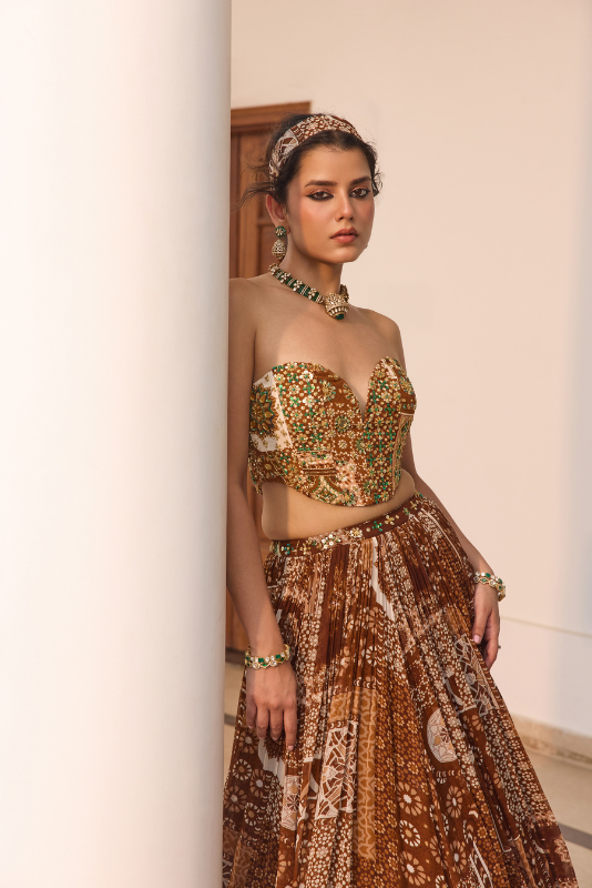 CARAMEL PRINT AND HIGHLIGHTED CORSET TOP WITH LEHENGA SET