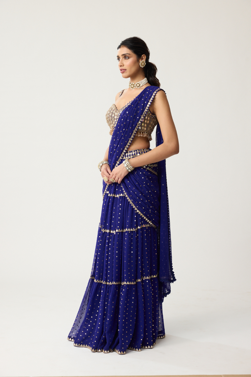 Persian Blue Multi-tier Mirror Saree Set