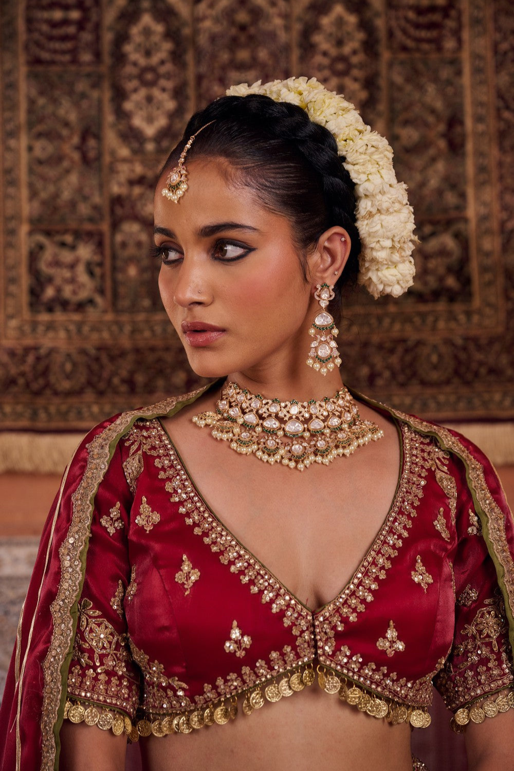 Maroon glass tissue blouse, lehenga and dupatta