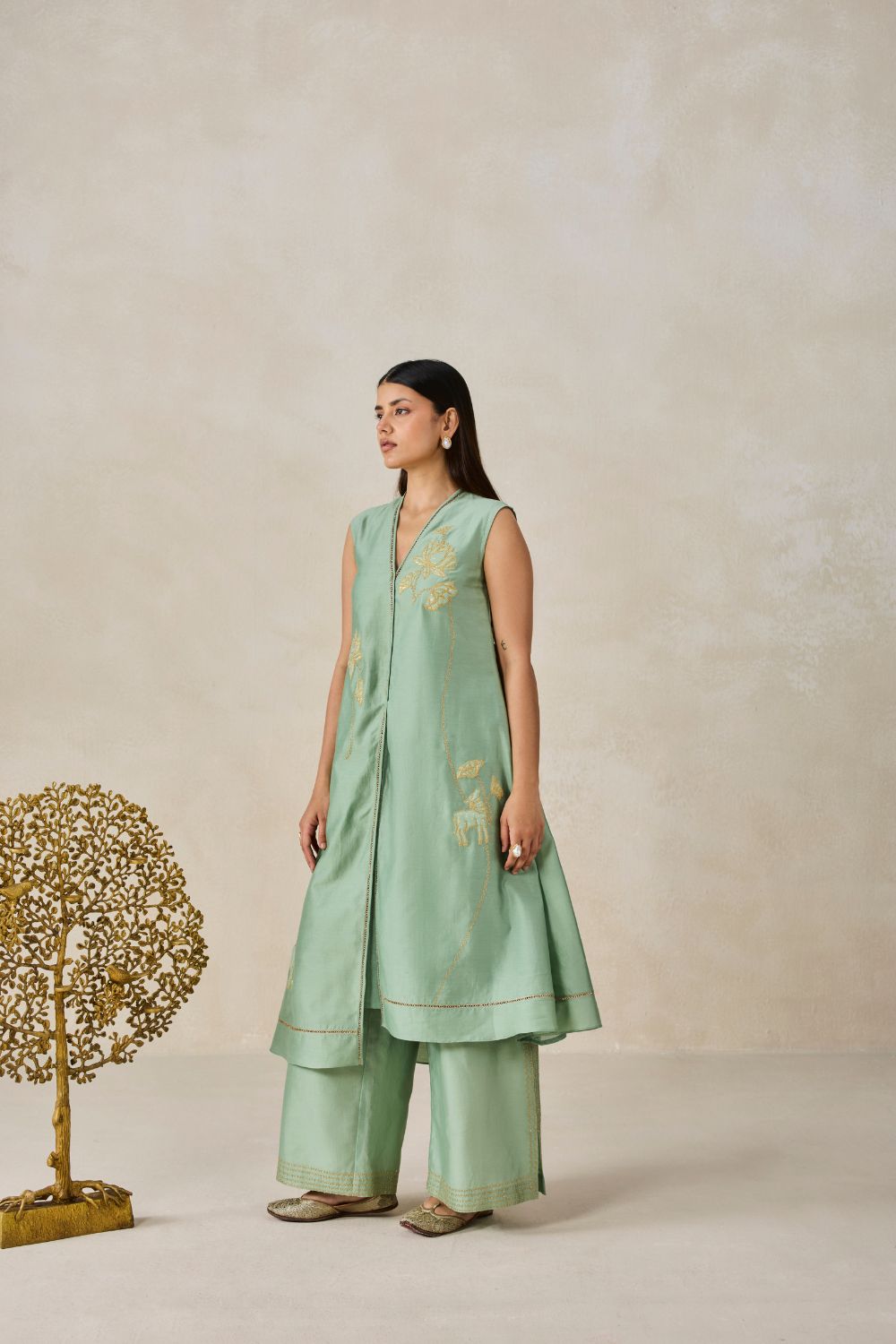 Chanderi Applique work Kurta With Pant Set