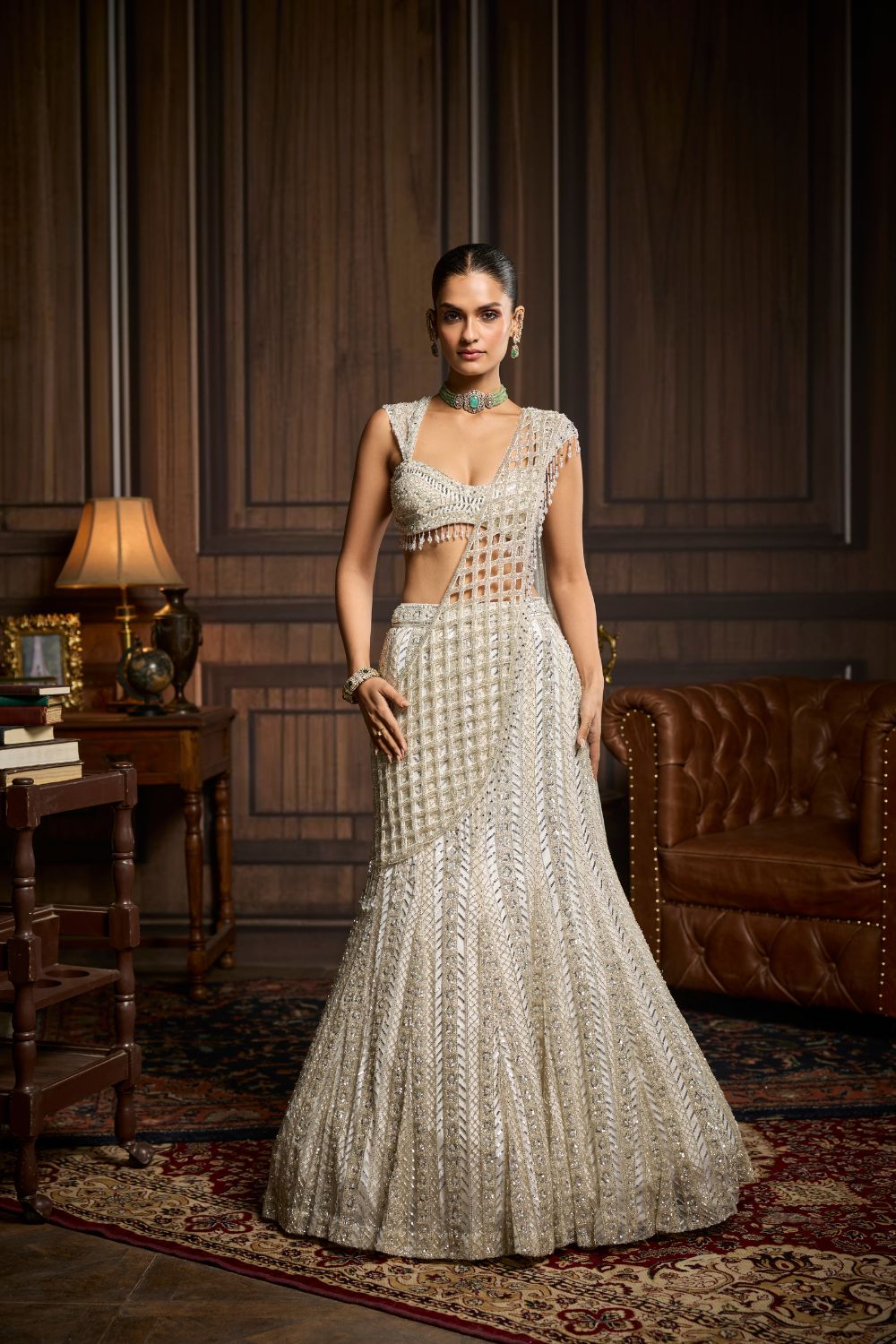 SILVER EMBELLISHED MERMAID SKIRT SAREE SET