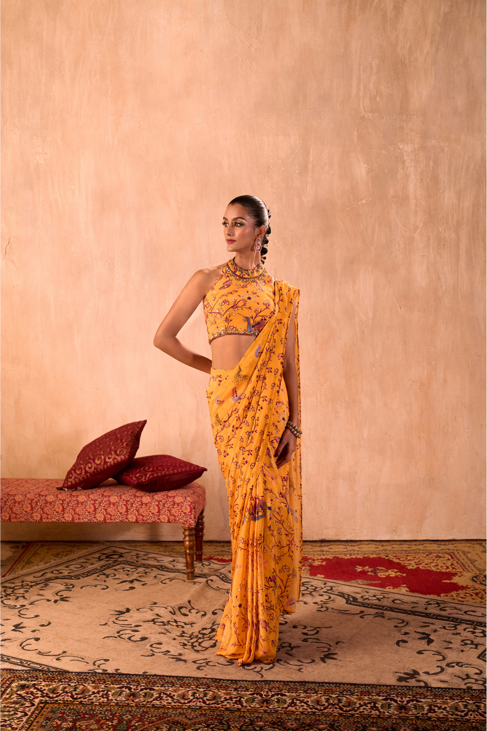 YELLOW PRINT EMBROIDERED HALTER CHOLI AND PREDRAPED SARI SET