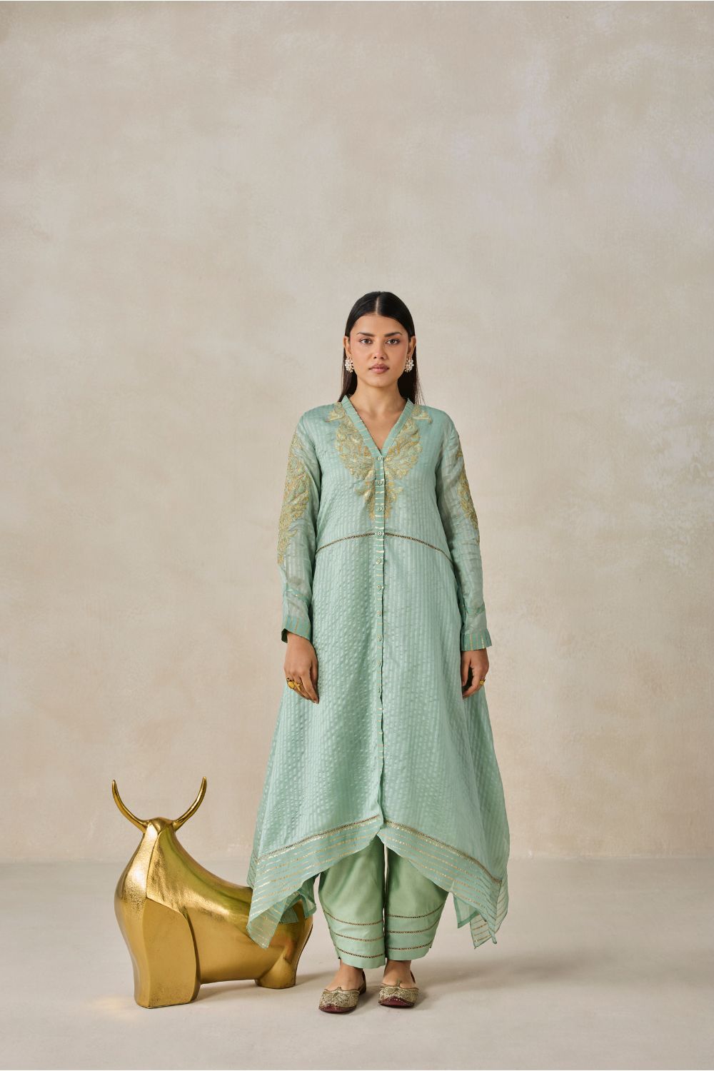 Chanderi Front Open Assymetrical Kurta With Pant