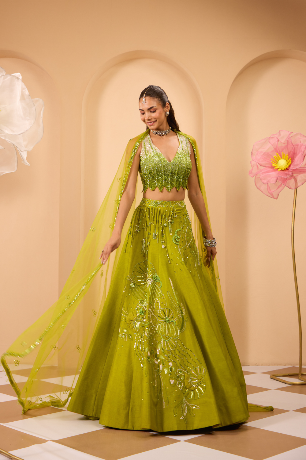 Hand Embroidered V Neckline Blouse with Lehenga & Dupatta