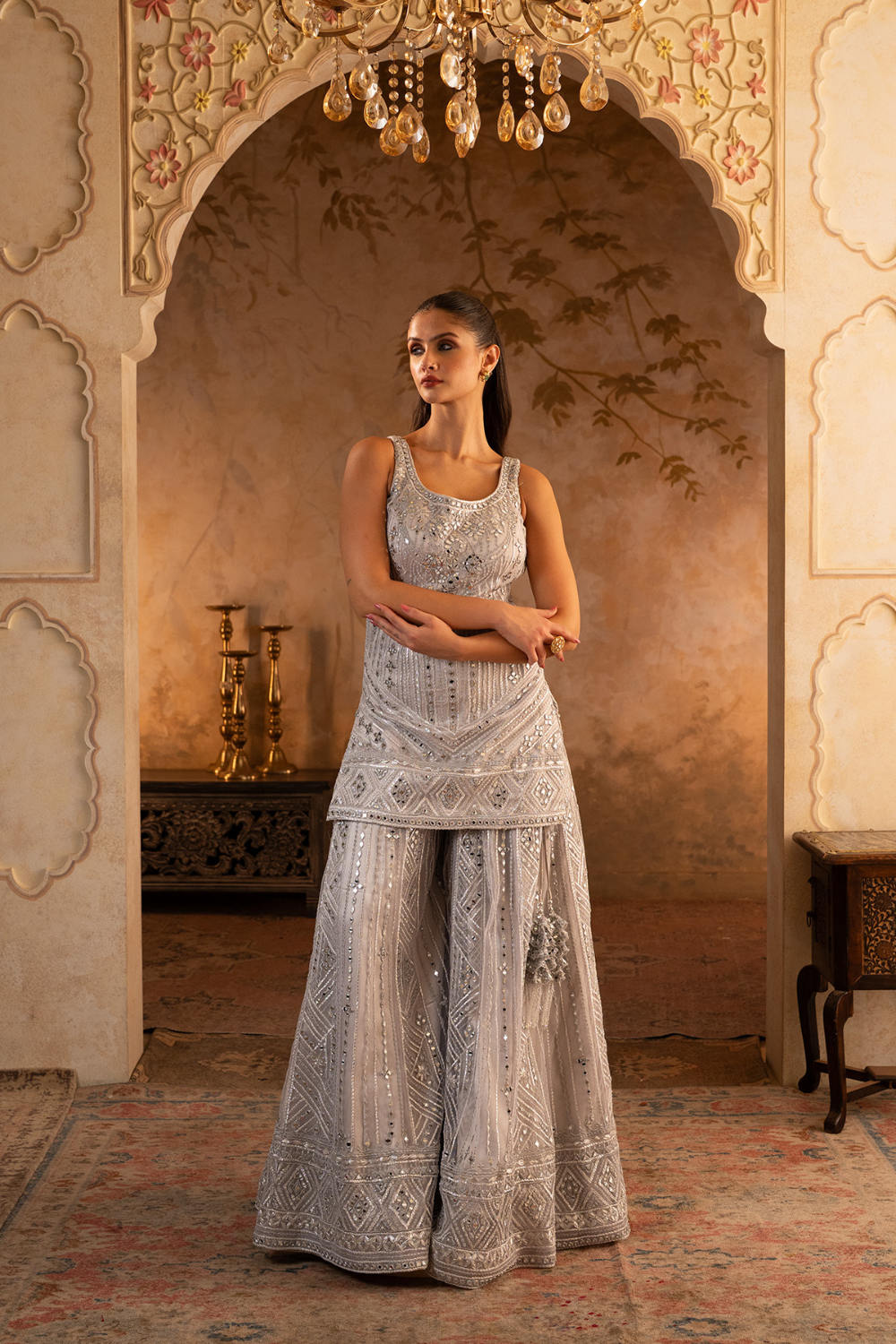 Grey Net Sharara Set
