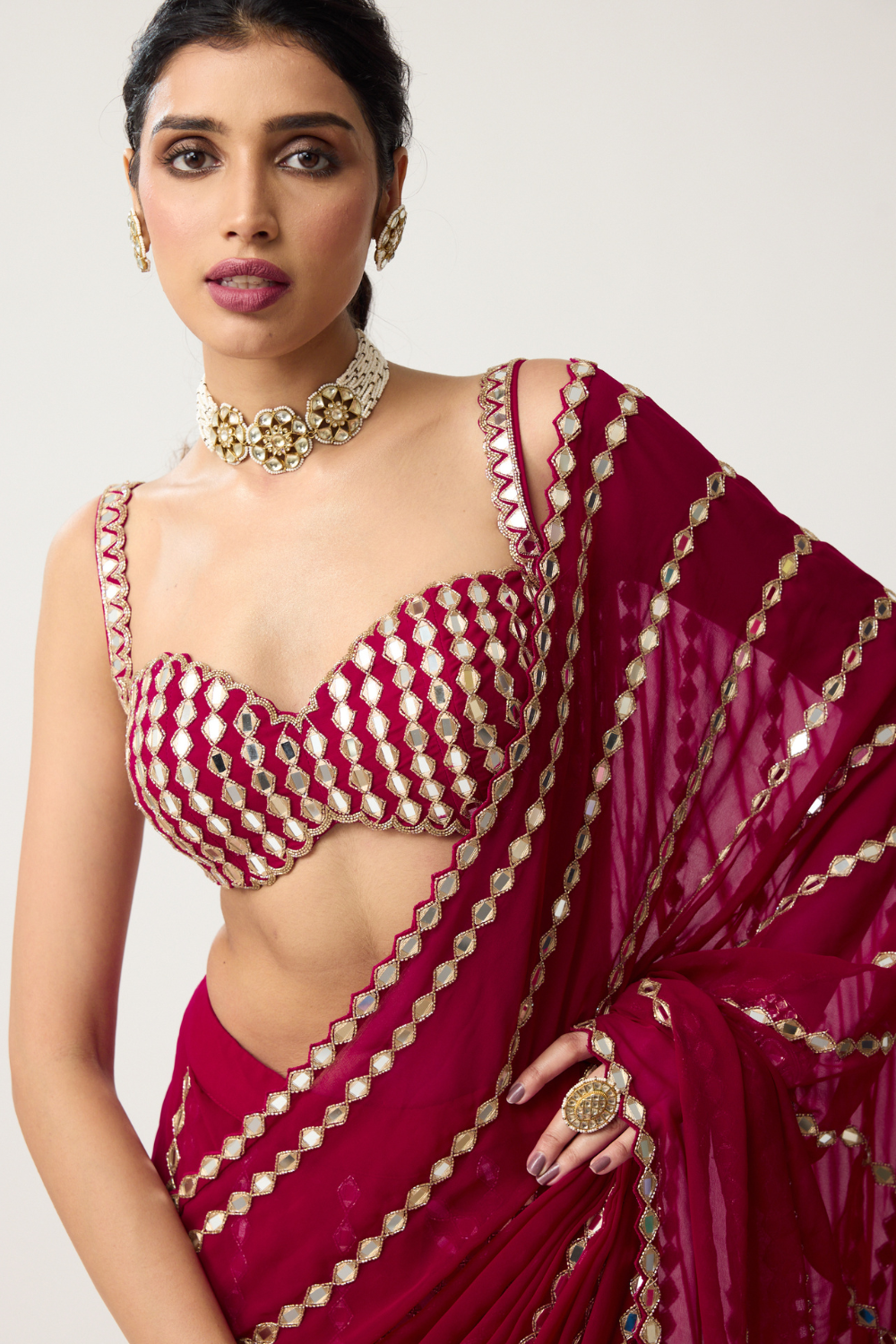 Ruby red Linear Mirror Saree Set