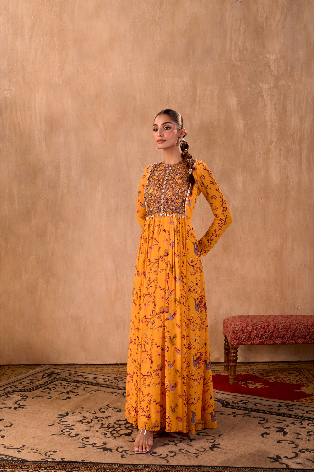 YELLOW PRINT EMBROIDERED ANARKALI AND DUPATTA SET