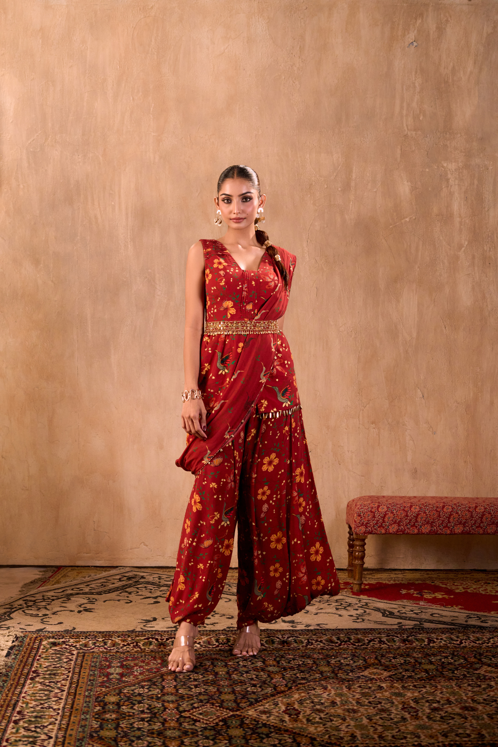 RED PRINT EMBROIDERED PEPLUM TOP, DRAPED PANTS, DRAPE AND BELT SET