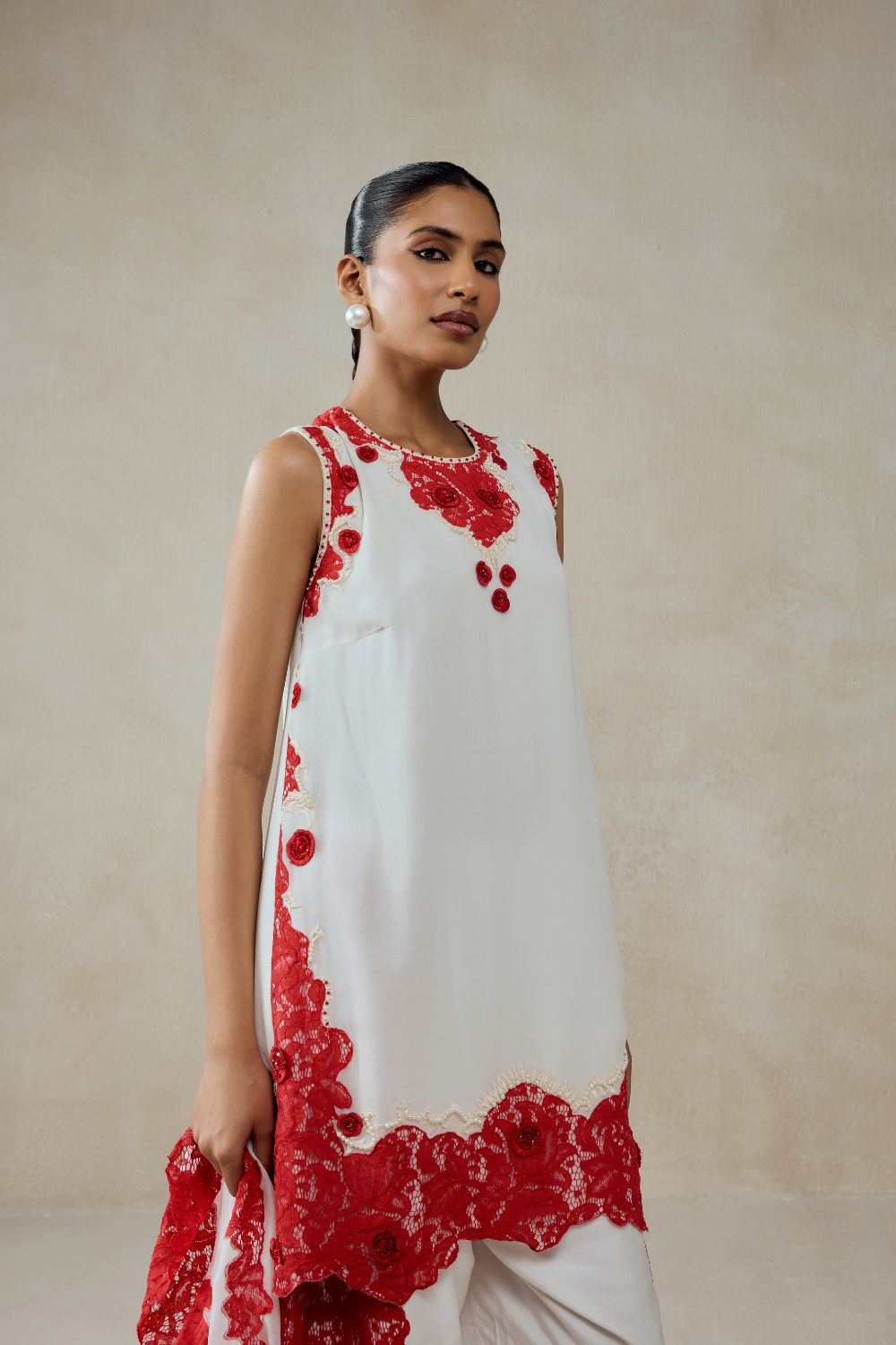 White Georgette With Red Lace Applique Suit Set