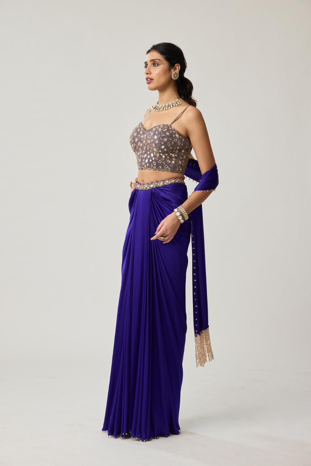 Persian Blue Mirror Corset Satin draped skirt Set