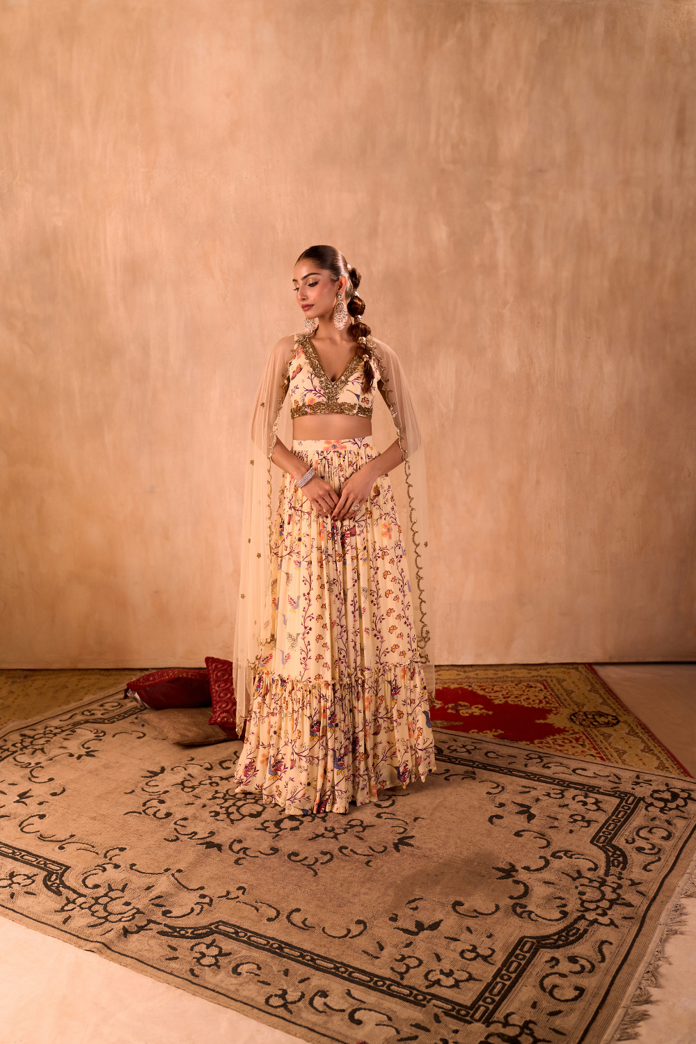 IVORY PRINT EMBROIDERED CHOLI, LAYERED LEHENGA AND DUPATTA SET
