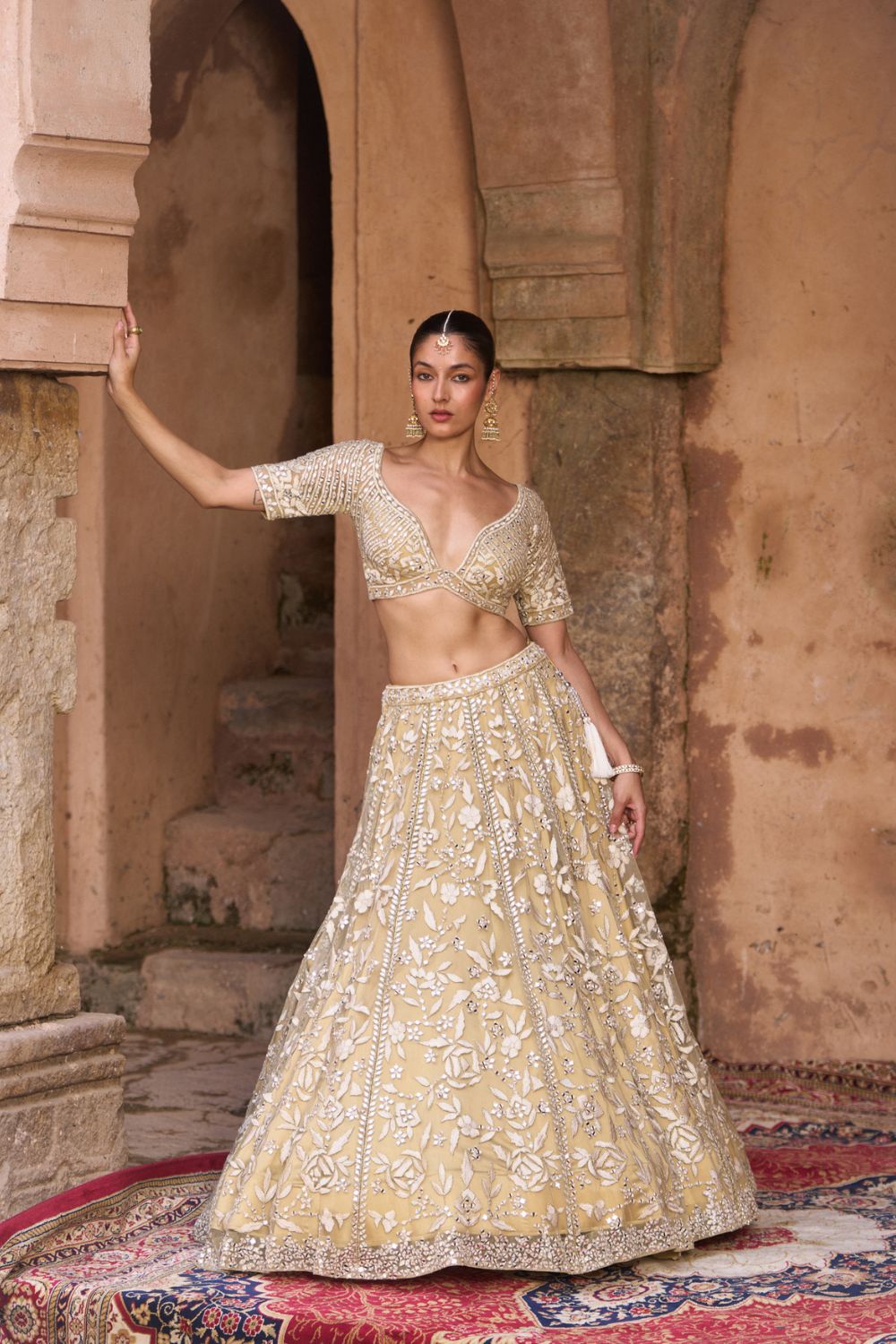 BASANT — Golden Beige Net Lehenga Set