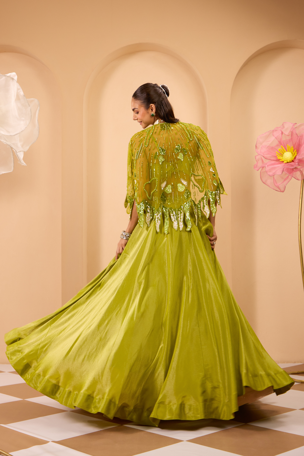 Green Hand Embroidered Blouse W/Lehenga & Cape