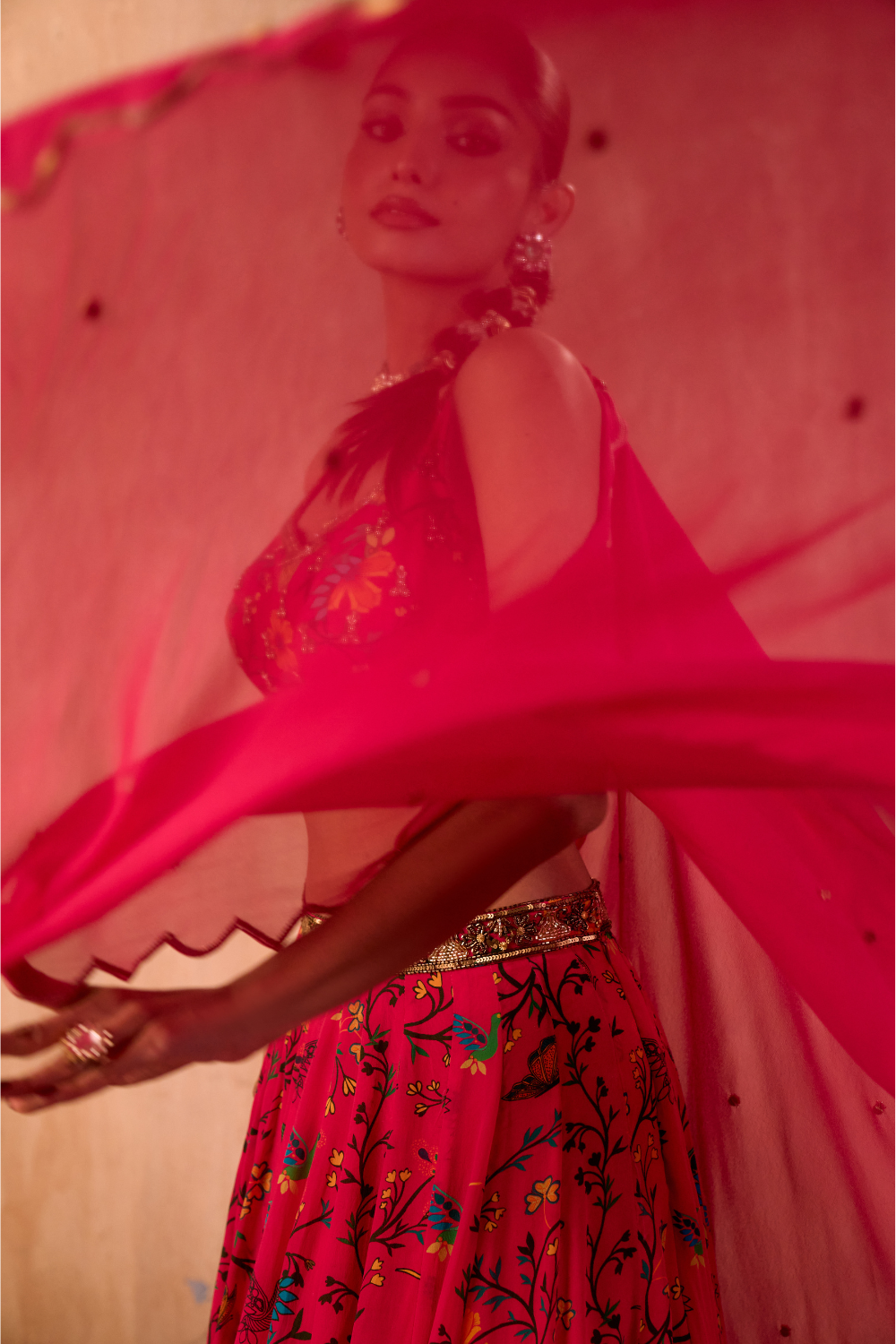 PINK PRINT EMBROIDERED CHOLI, LEHENGA AND DUPATTA SET