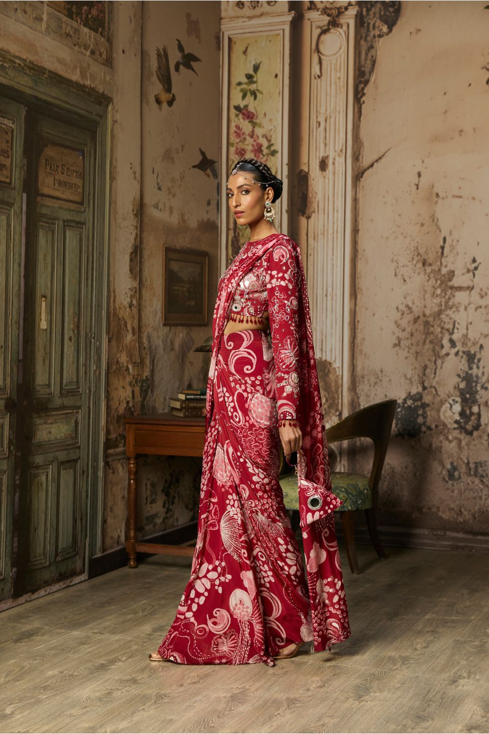 SCARLET RED PRINTED AND HIGHLIGHTED DHOTI SKIRT SAREE SET