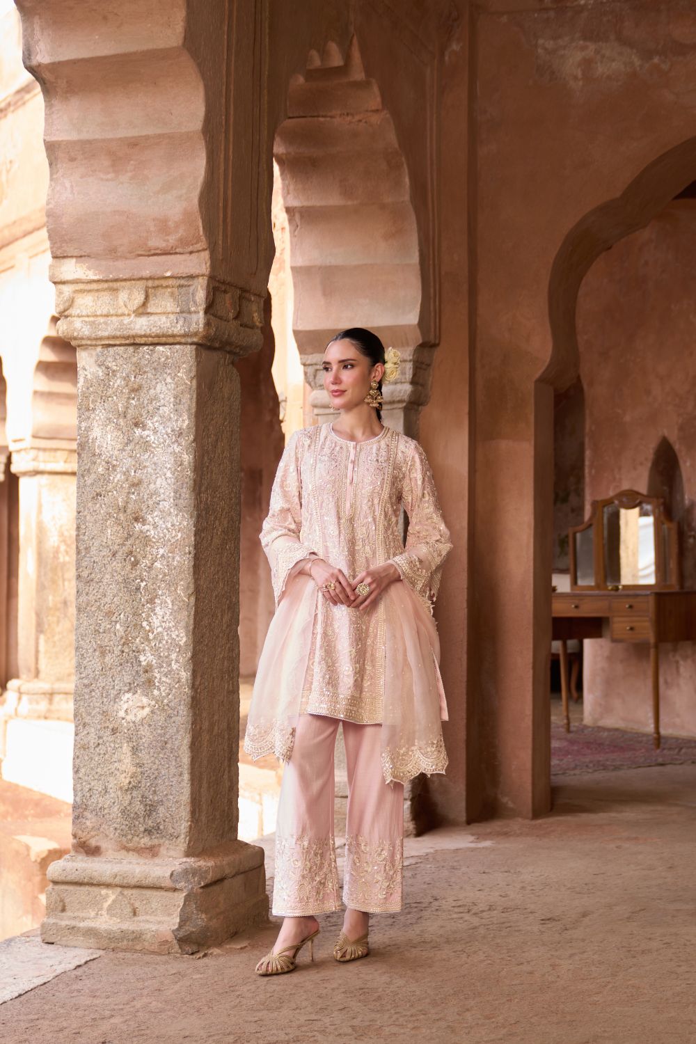 SABOOR - PINK SHORT A-LINE KURTA WITH STRAIGHT PANTS AND DUPATTA