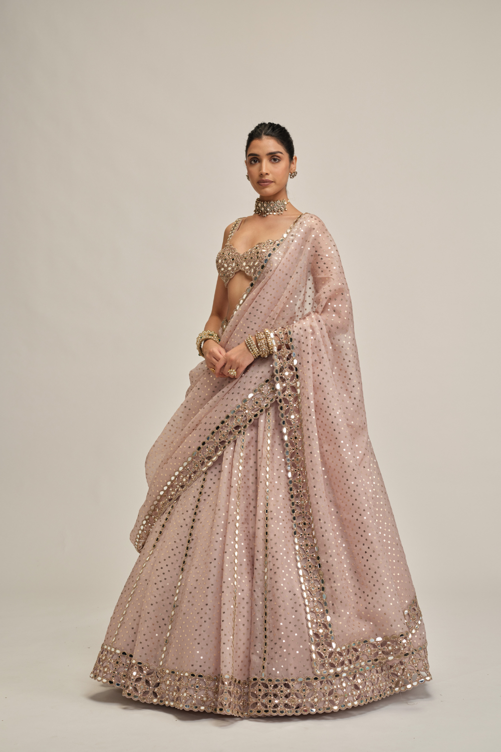 Ash Pink Linear Mirror Sequins Embroidered Lehenga Set