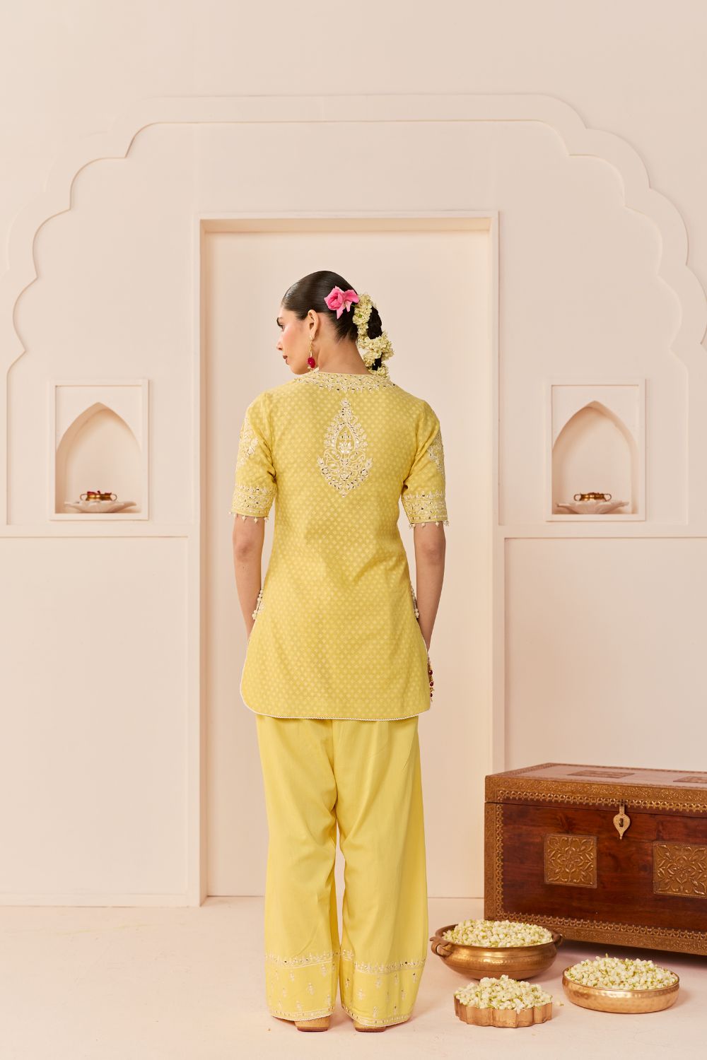 ANAISHA - LEMON YELLOW SHORT KURTA WITH FARSHI SALWAR AND DUPATTA