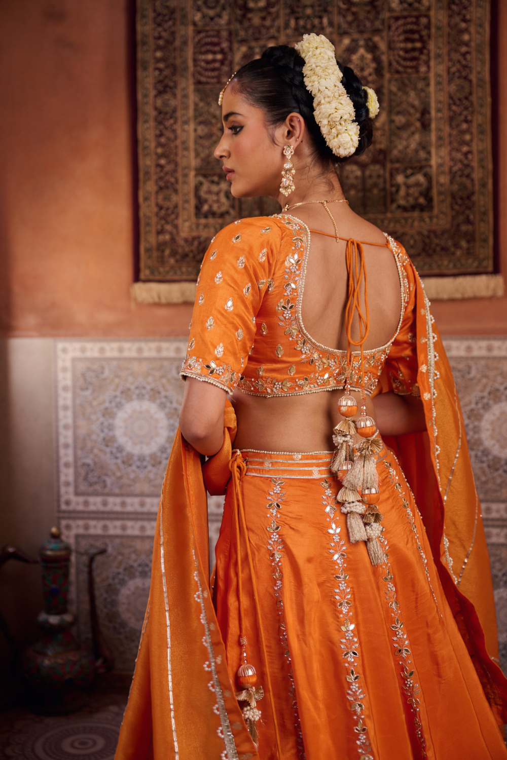 Rust orange silk embroidered blouse, lehenga and dupatta