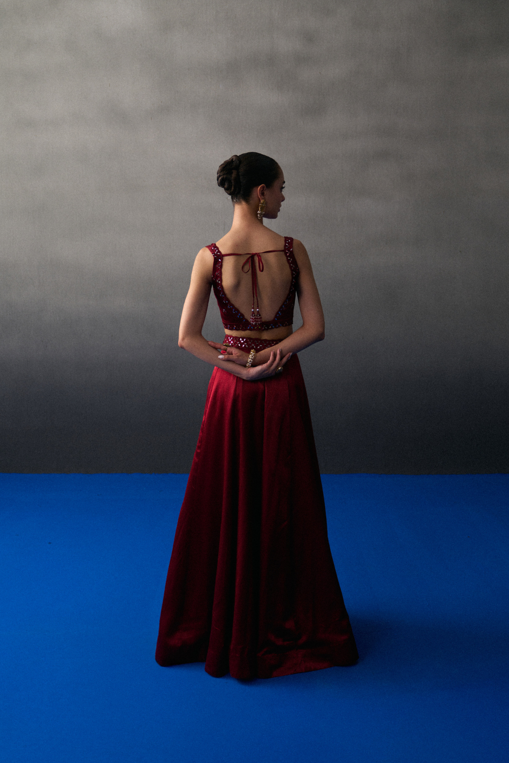 Maroon Satin Silk Skirt Set