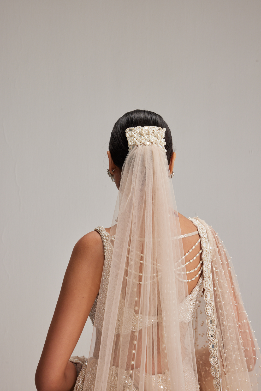 Light Beige Mirror & Pearl Bridal Lehenga with Double Dupatta and Veil