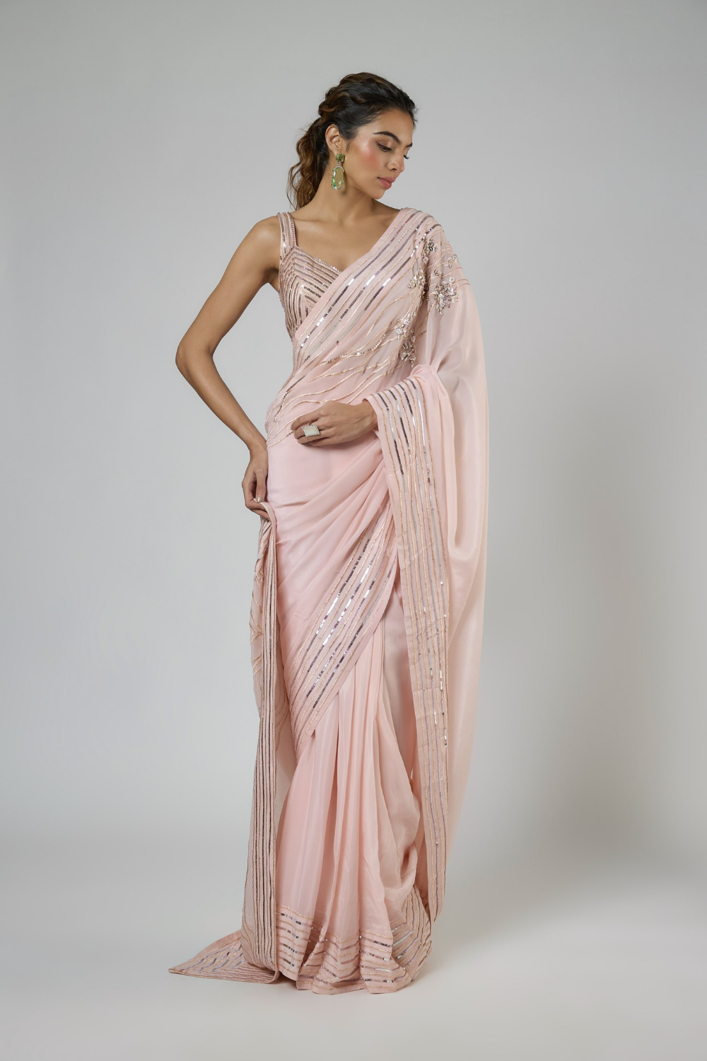 PEACHY PINK INTRICATE FLORAL EMBROIDERED SAREE WITH CORSET BLOUSE