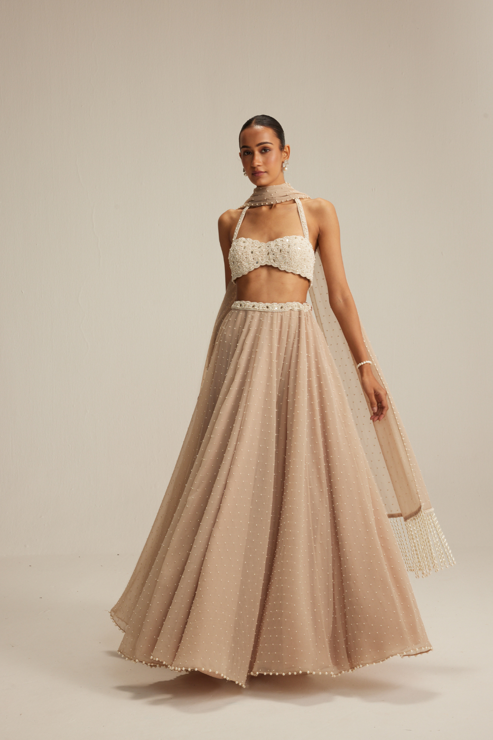 Light Beige Pearl Scattered Skirt with Halter neck Blouse