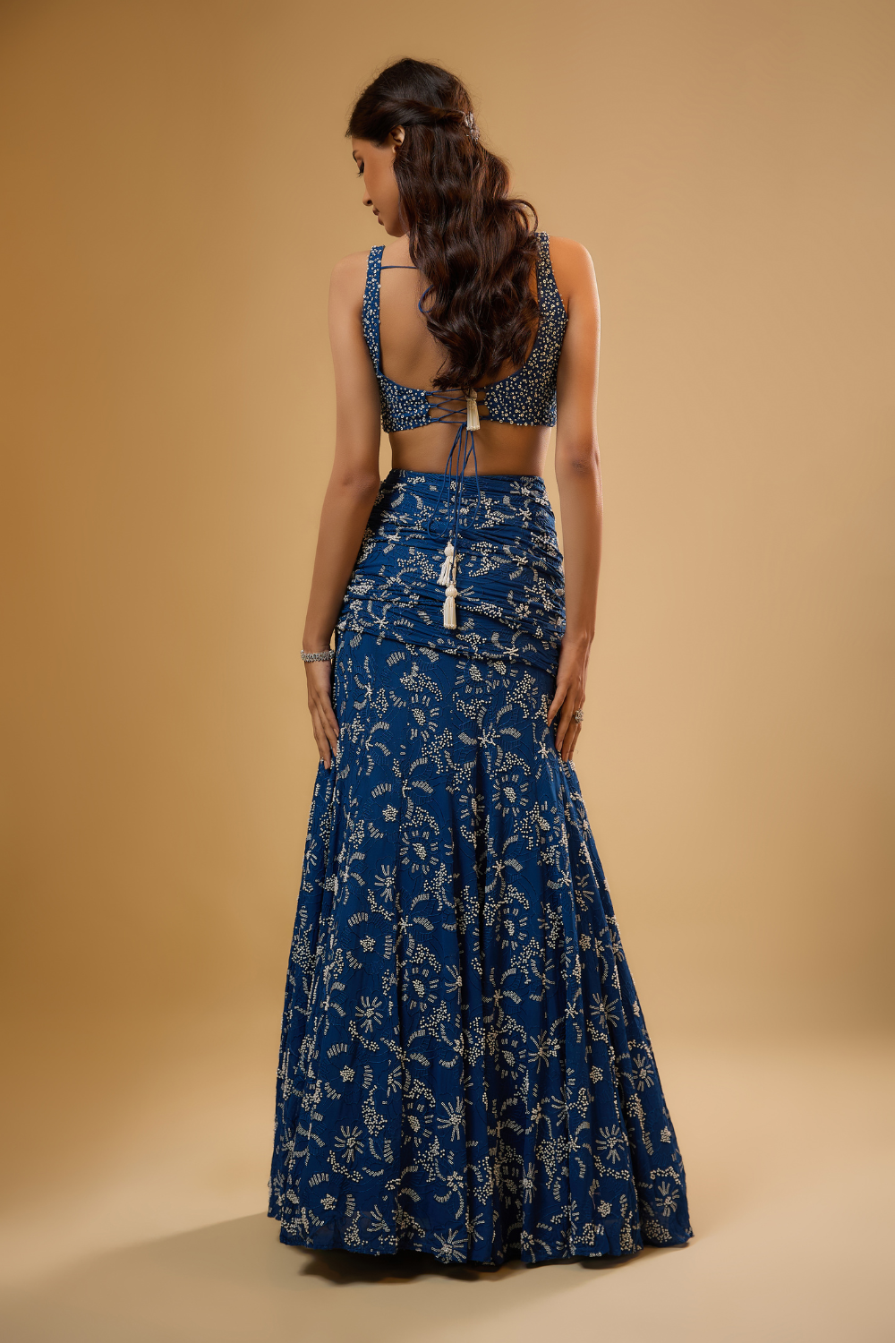 Egyptian blue georgette lehenga set embroidered with sequins, glass beads & threadwork