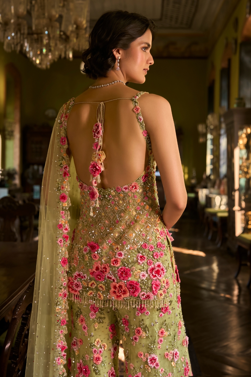 Leaf Green Three-Dimensional Sharara Set