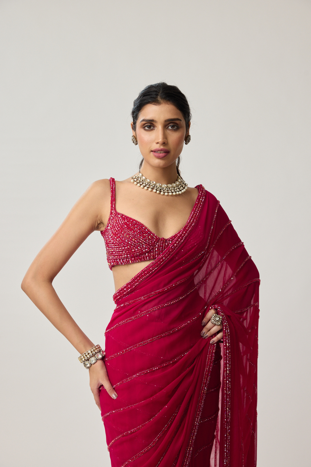 Ruby Red Crystal Saree set