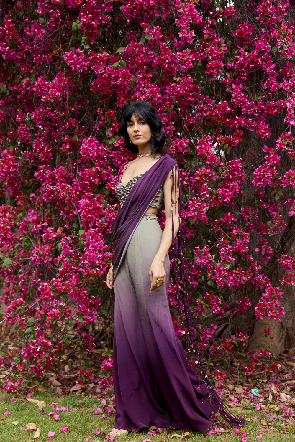 PURPLE-GREY OMBRE TASSELED DRAPE SAREE SET