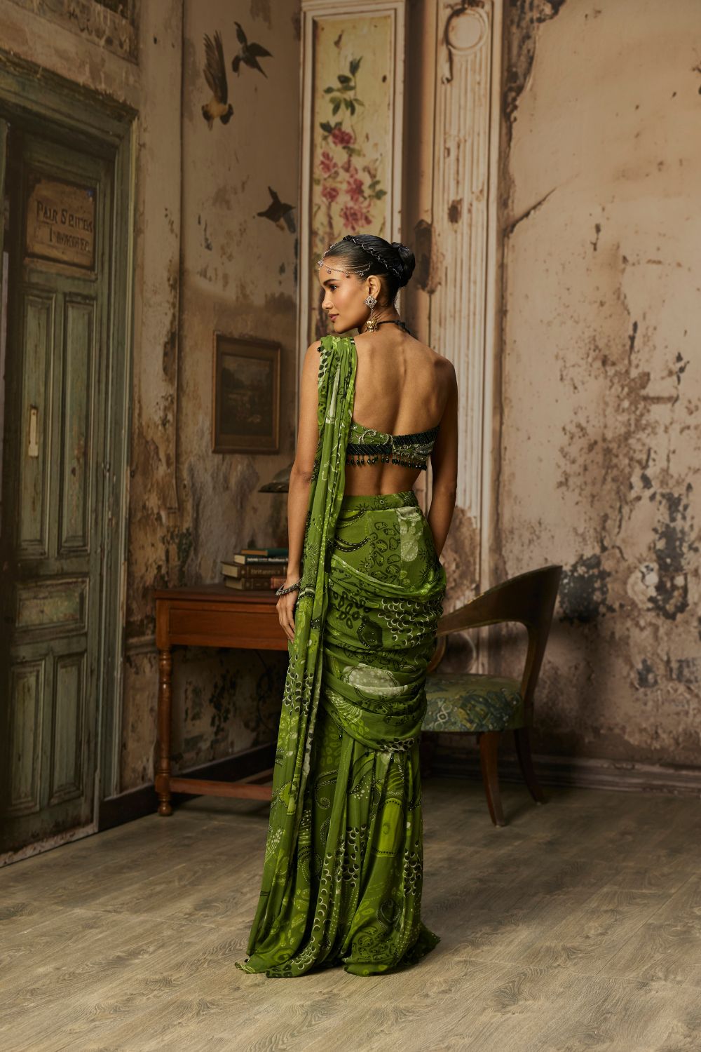 PEAR GREEN PRINTED AND HIGHLIGHTED RUFFLE SKIRT SAREE SET
