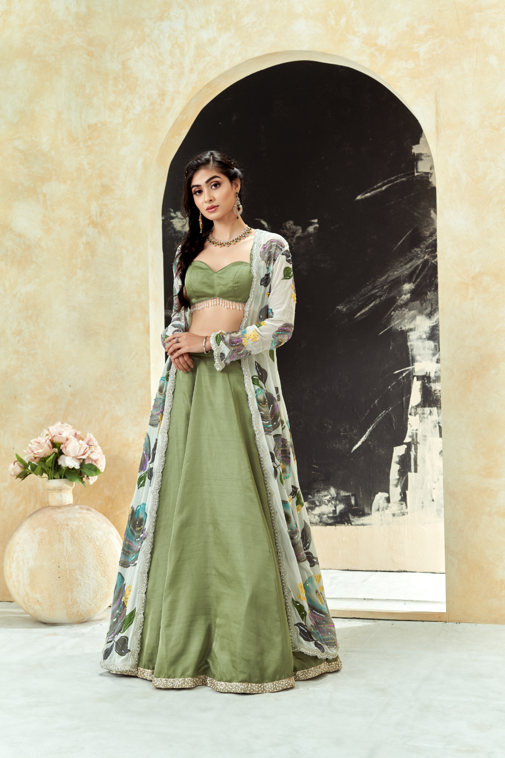 Sage Green lehenga set with hand painted jacket