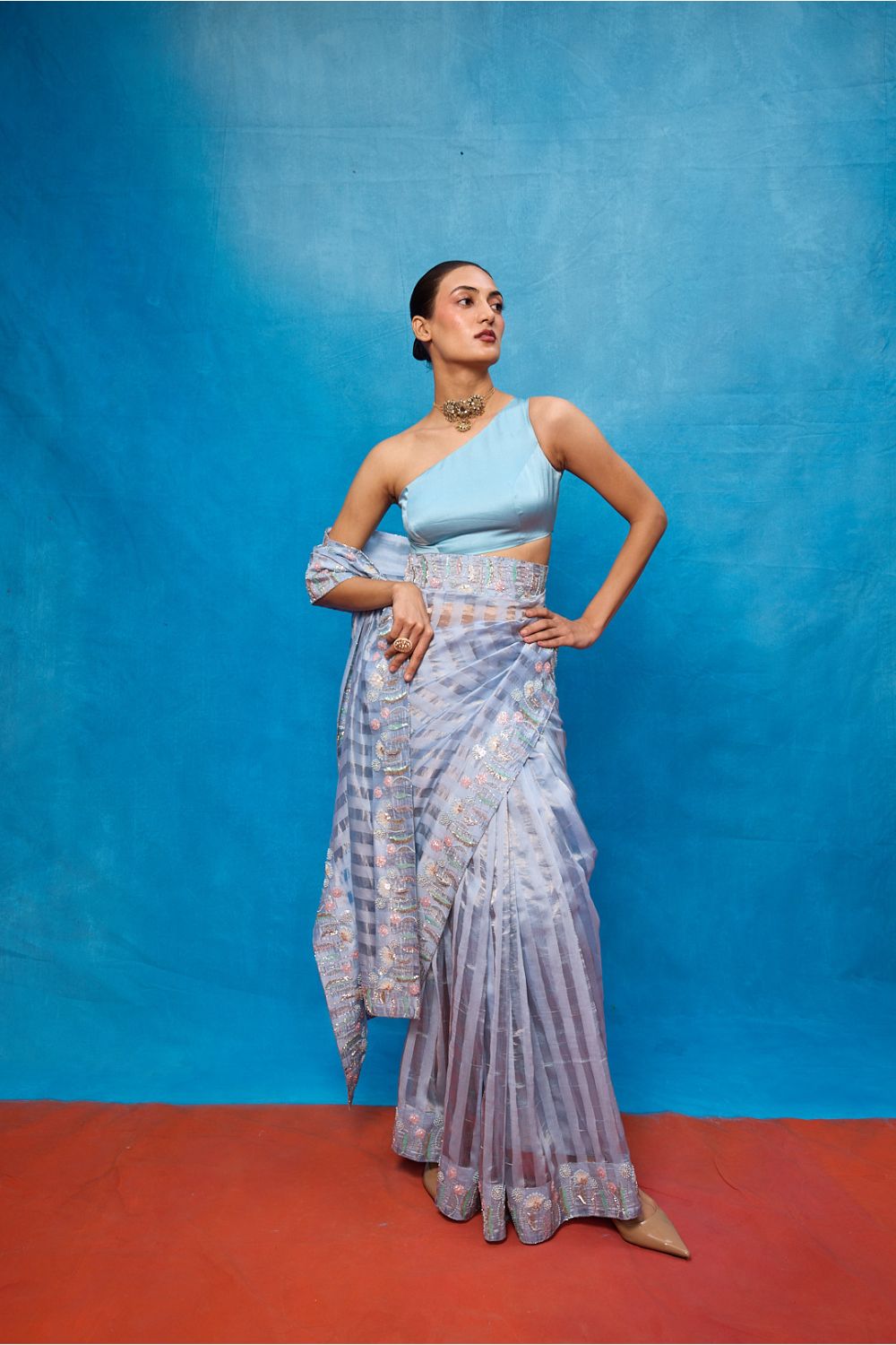 Handwoven Ice Blue Tissue Embroidered Saree
