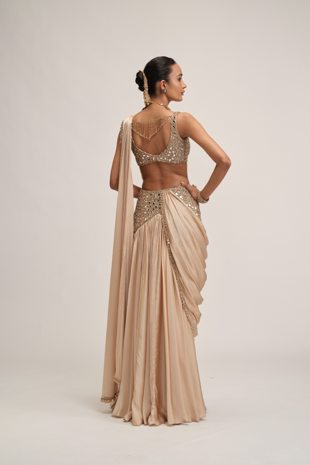 Light Beige Satin Draped Saree Set