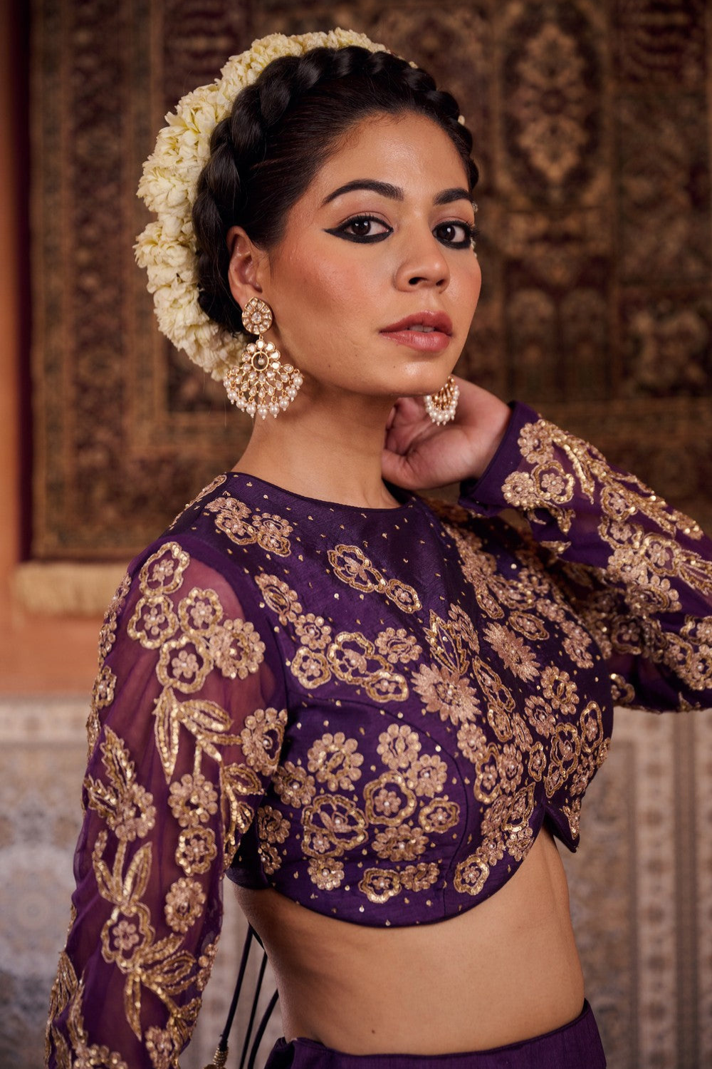 Purple dupion silk blouse, lehenga and organza silk dupatta