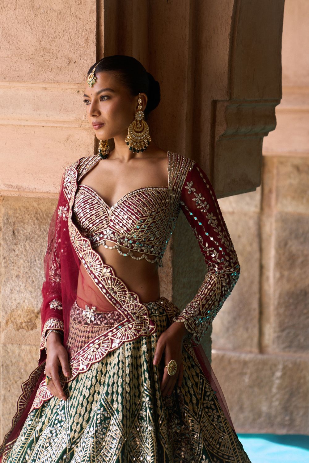 SUKOON — Bottle Green Raw Silk Lehenga Set with Contrast Blouse