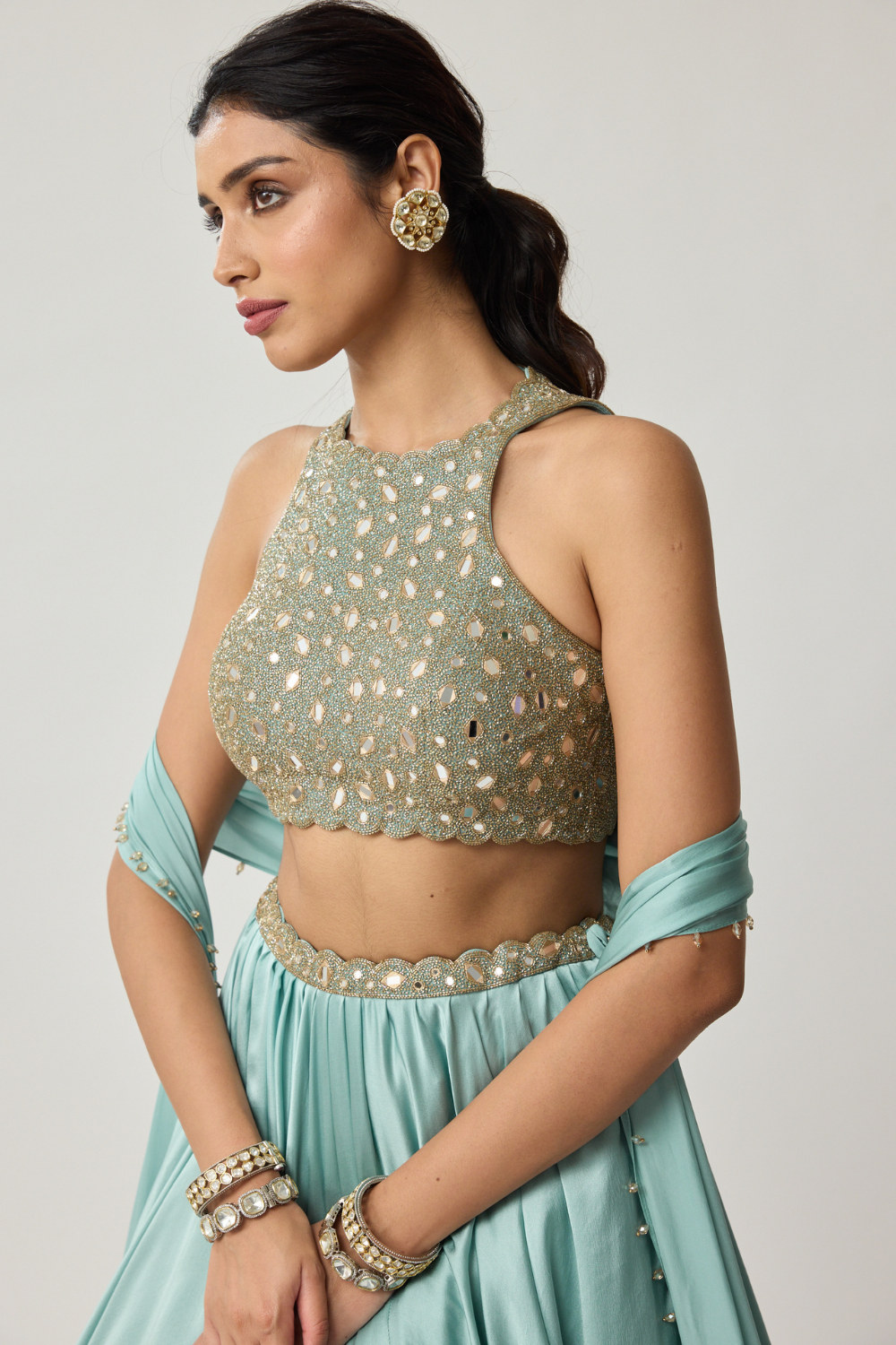 Powder Blue Mirror Satin Lehenga Set