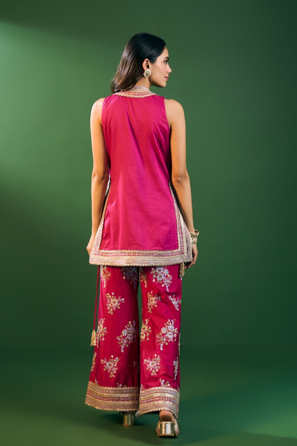 Lami Pima Satin Fuchsia Kurta With Flared Bell-Bottom Pants