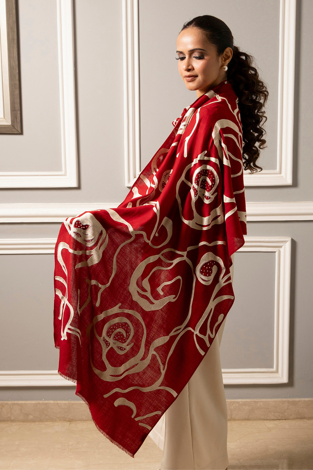 Abstract Rose | Embroidered Wool Silk Stole