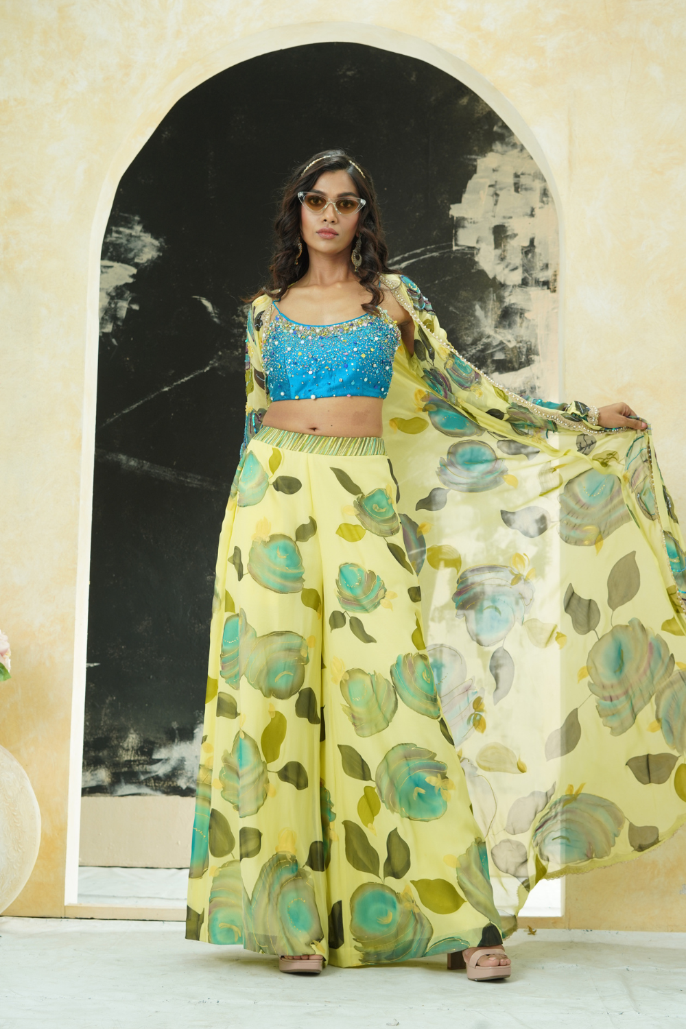 Lime Yellow hand painted palazzo and jacket set