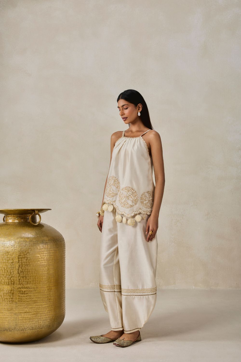 Chanderi Applique Embroidery Strappy Short Top And Palazo Set